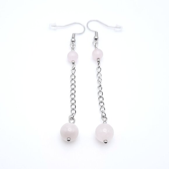 Rose Quartz Chakra Gemstone Pink Dangle Drop Chain Earrings Handmade Jewelry - Picture 2 of 8